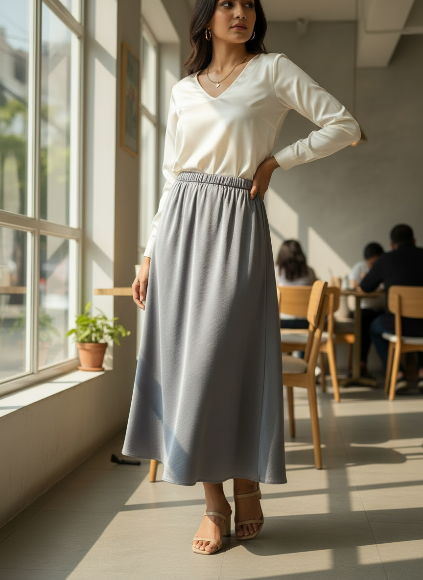 Chic Satin Long Skirt With Elastic