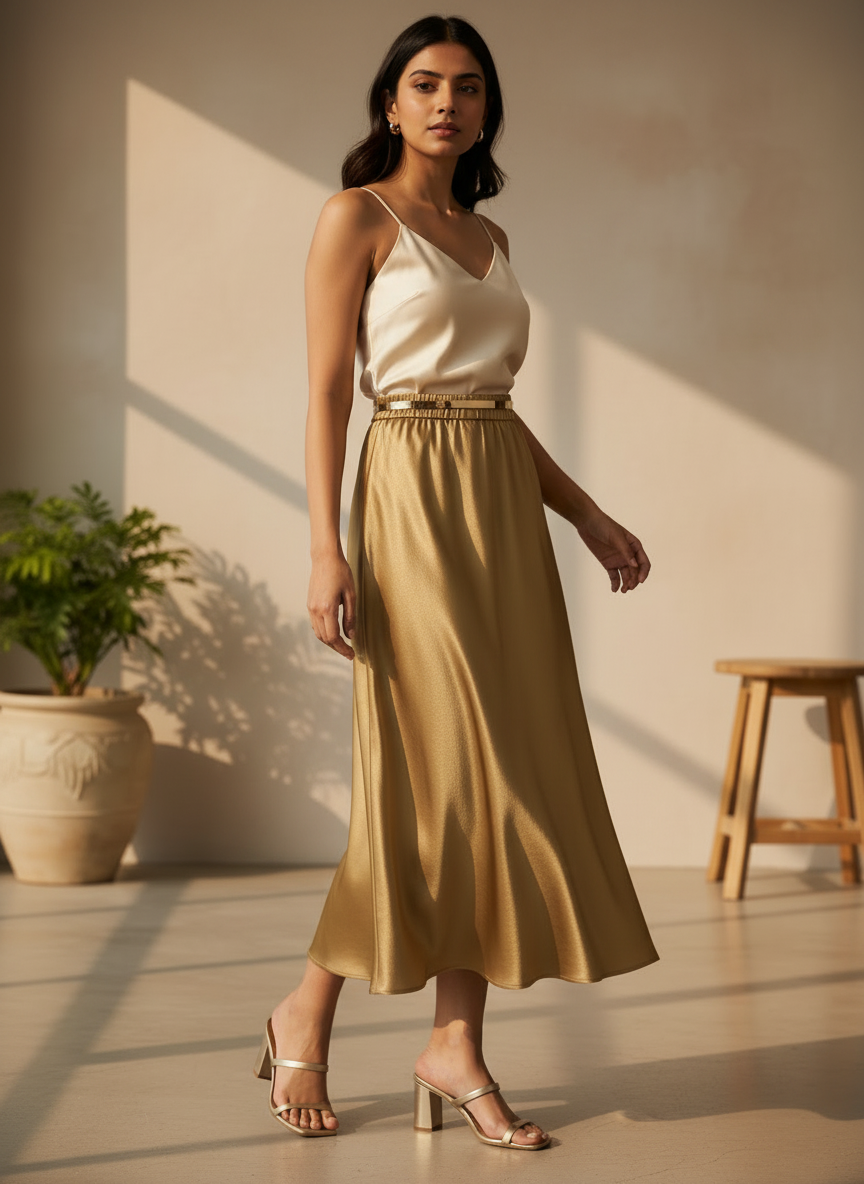 Chic Satin Long Skirt With Elastic