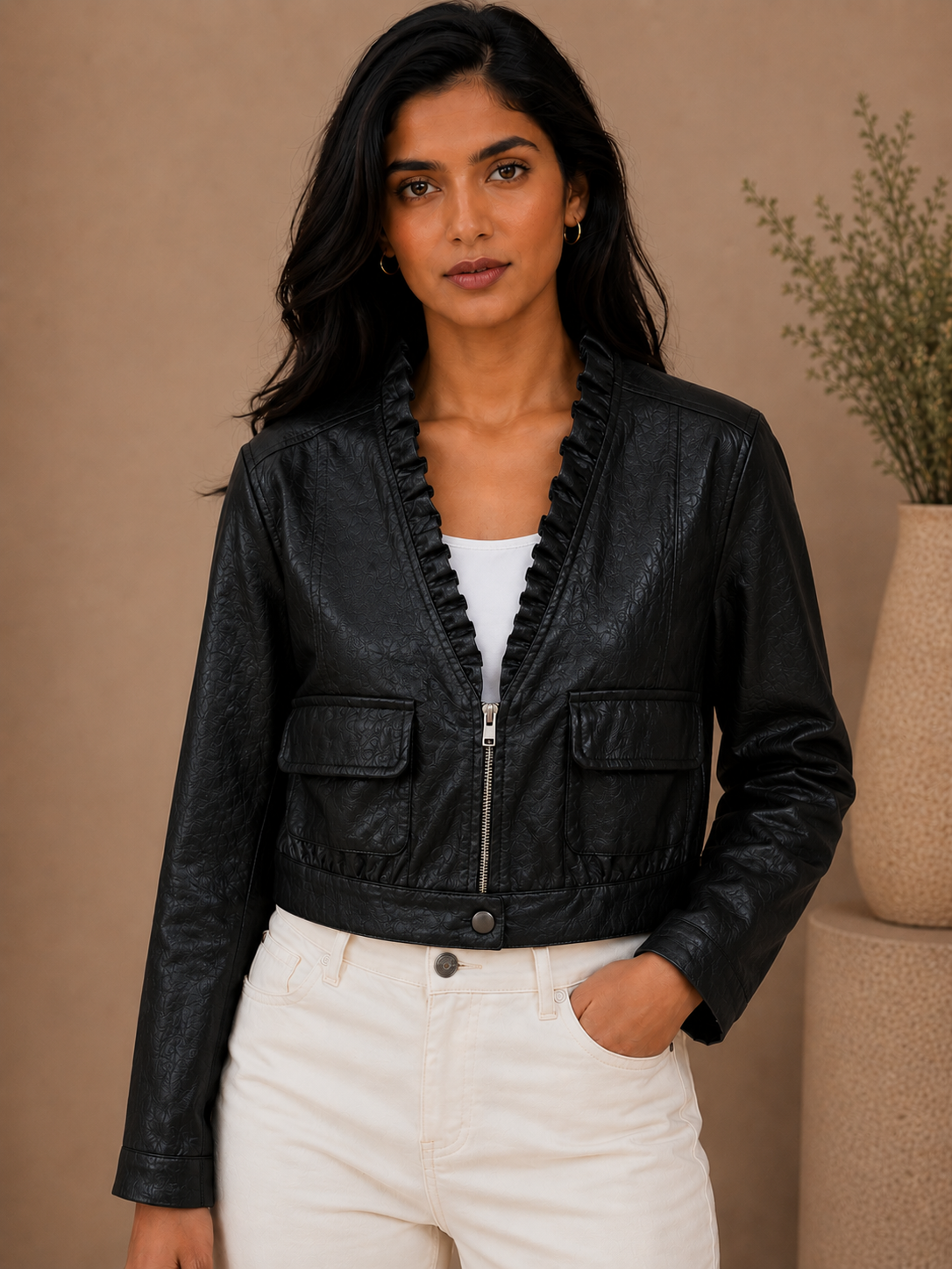 Ruffle Collar Leather Jacket