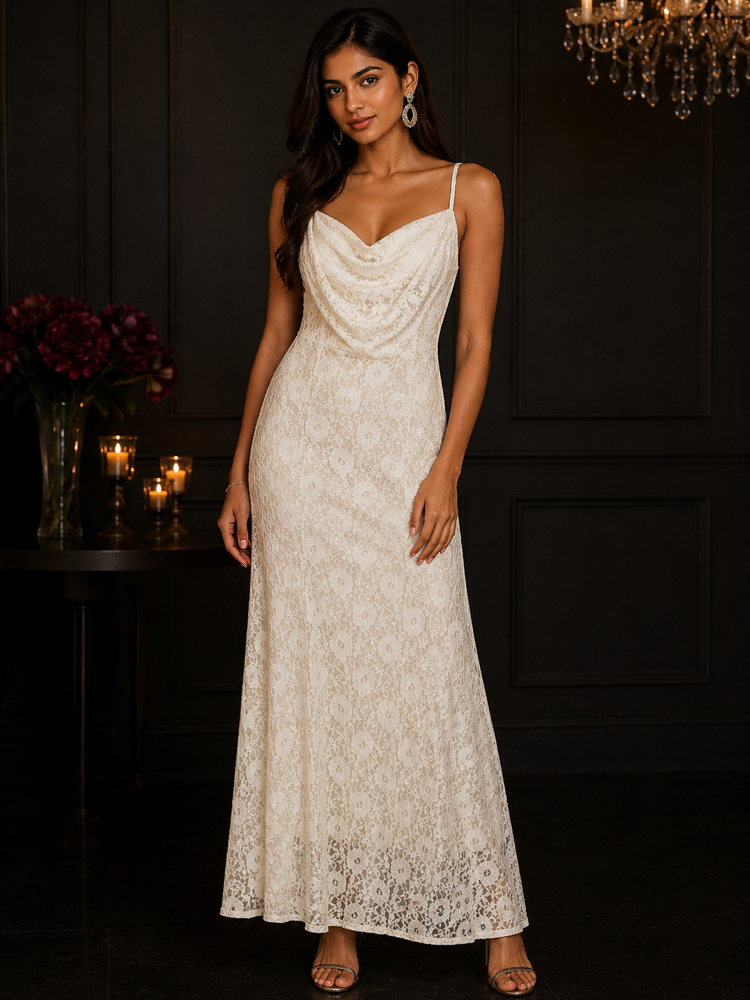 Lace Cowl Neck Maxi Dress