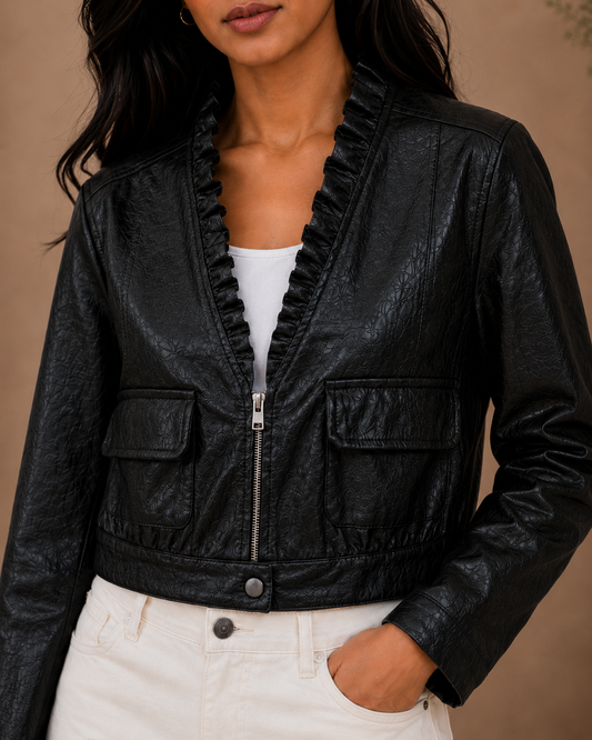 Ruffle Collar Leather Jacket