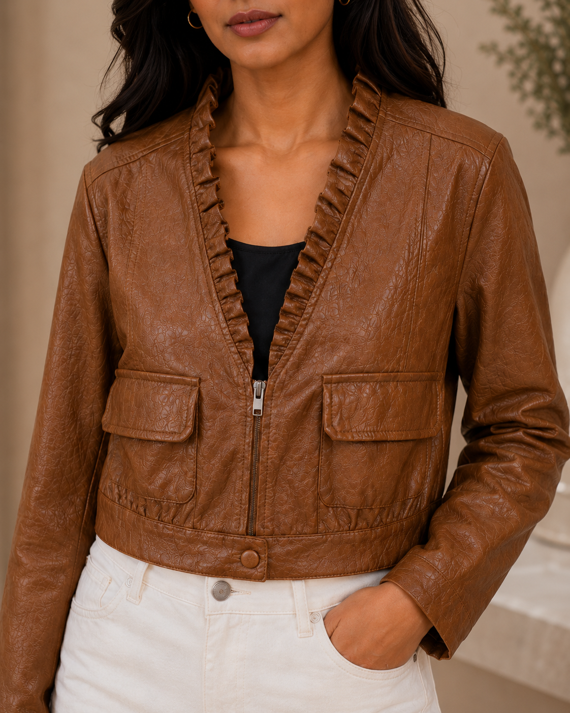 Ruffle Collar Leather Jacket