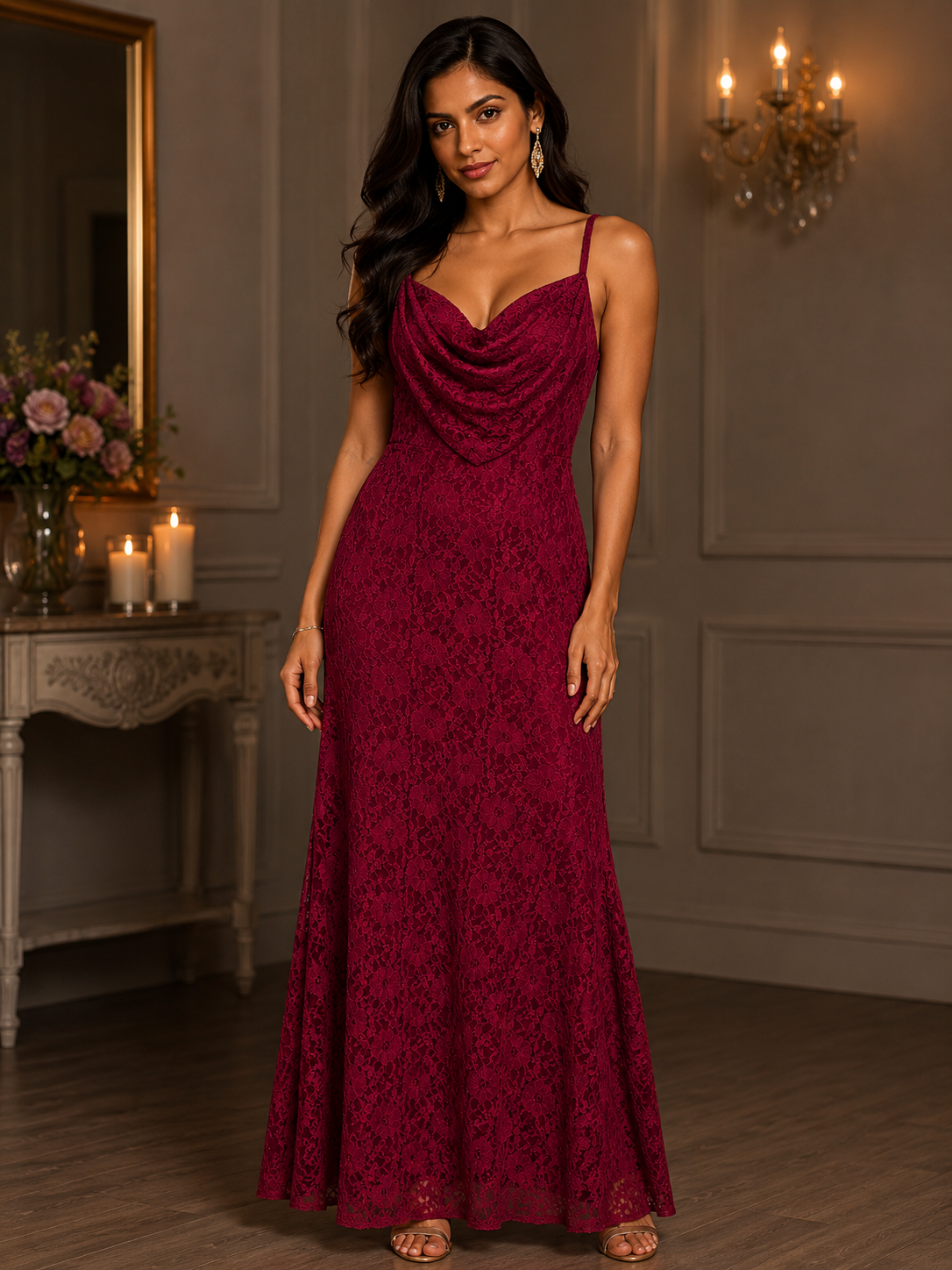 Lace Cowl Neck Maxi Dress