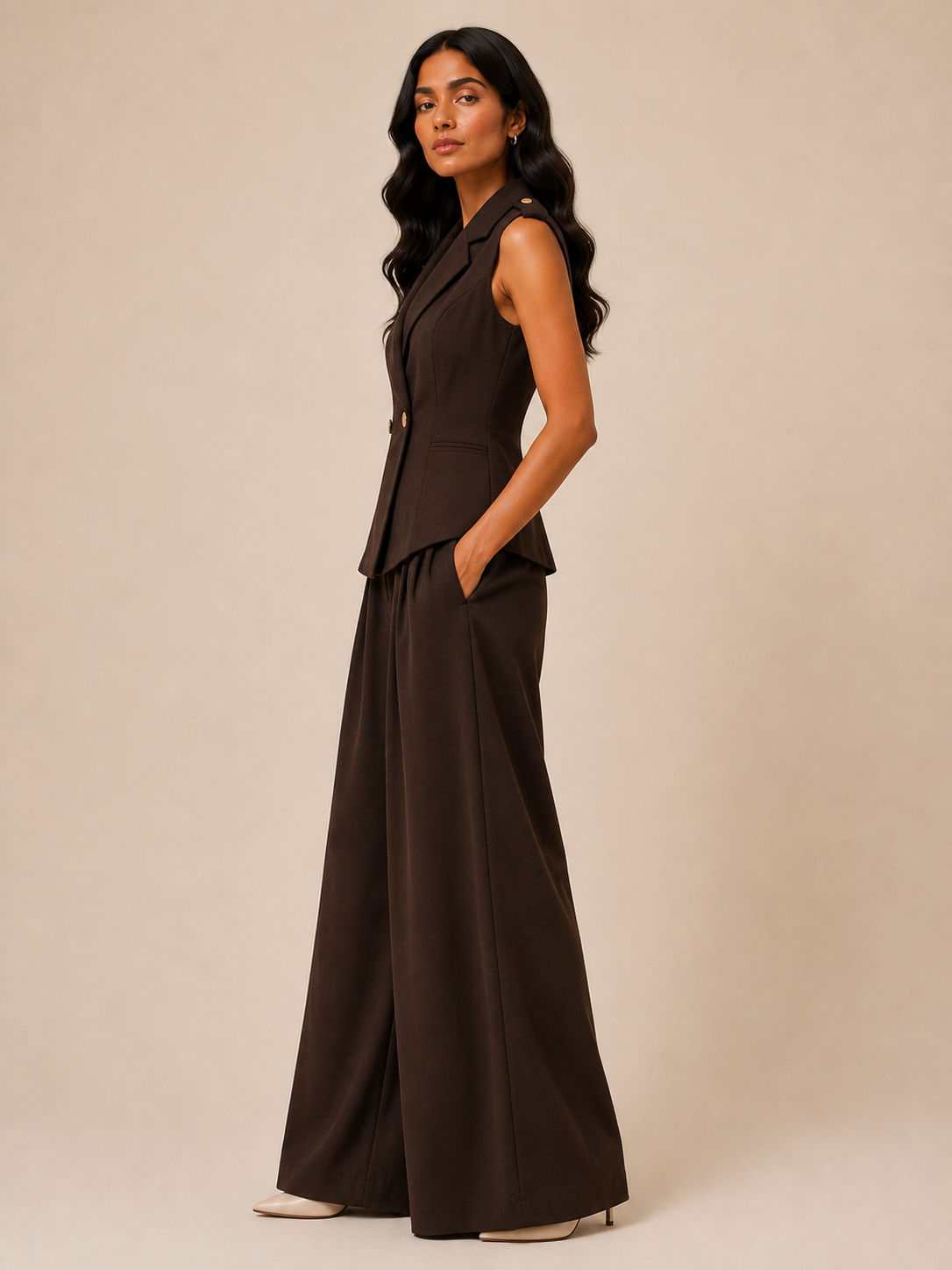 Double-Breasted Vest and Palazzo Pants Co-Ord