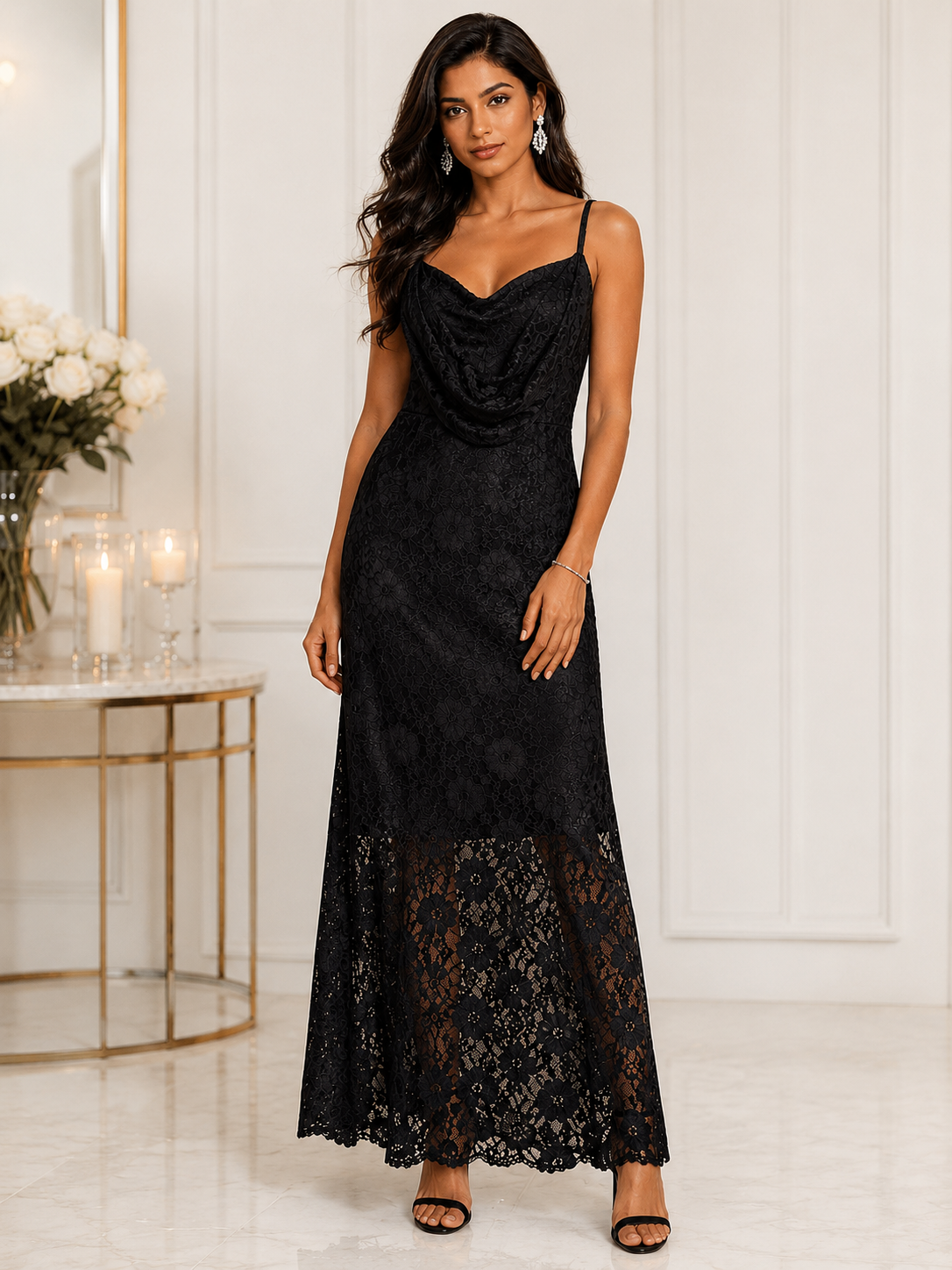 Lace Cowl Neck Maxi Dress