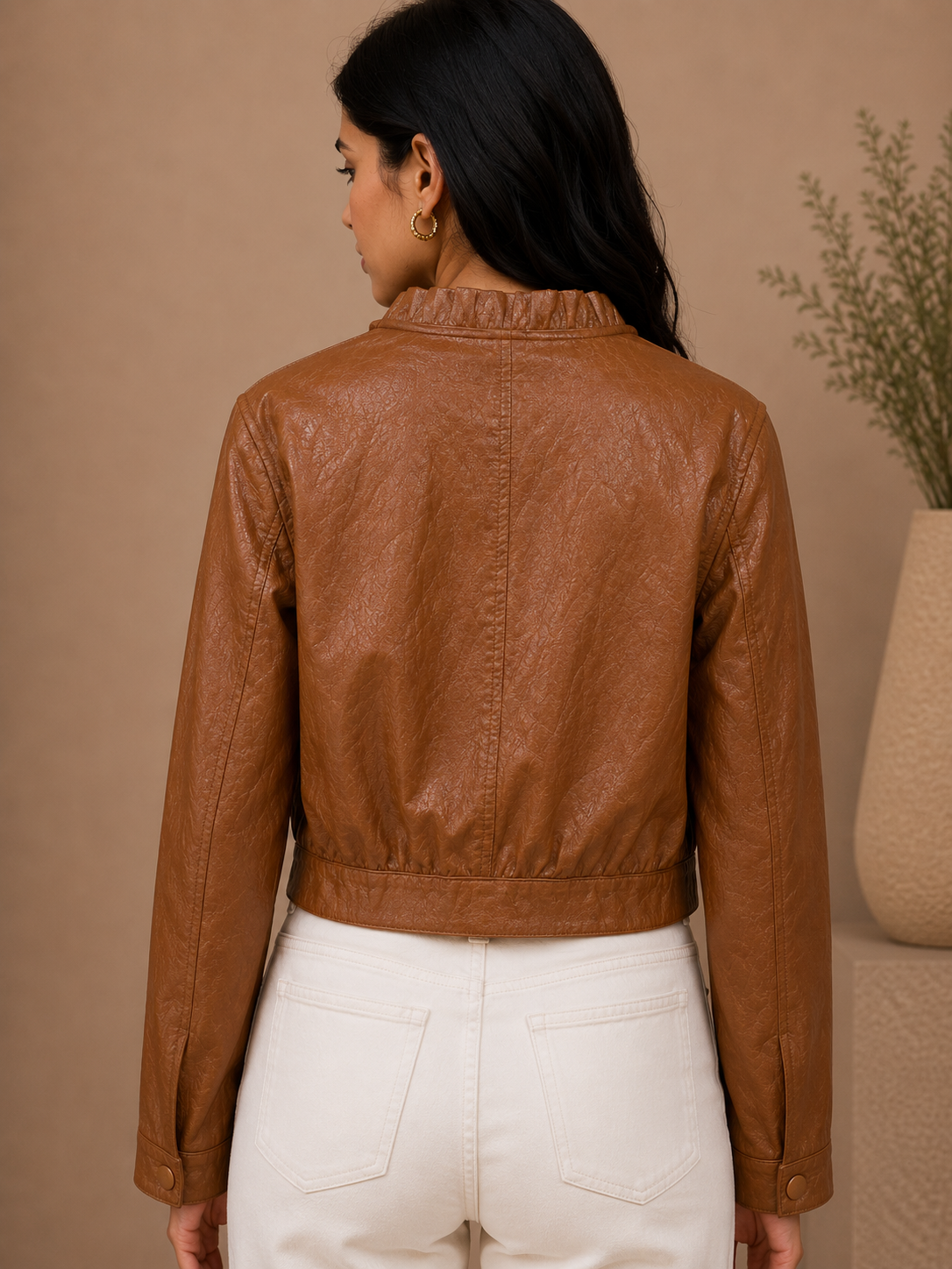 Ruffle Collar Leather Jacket
