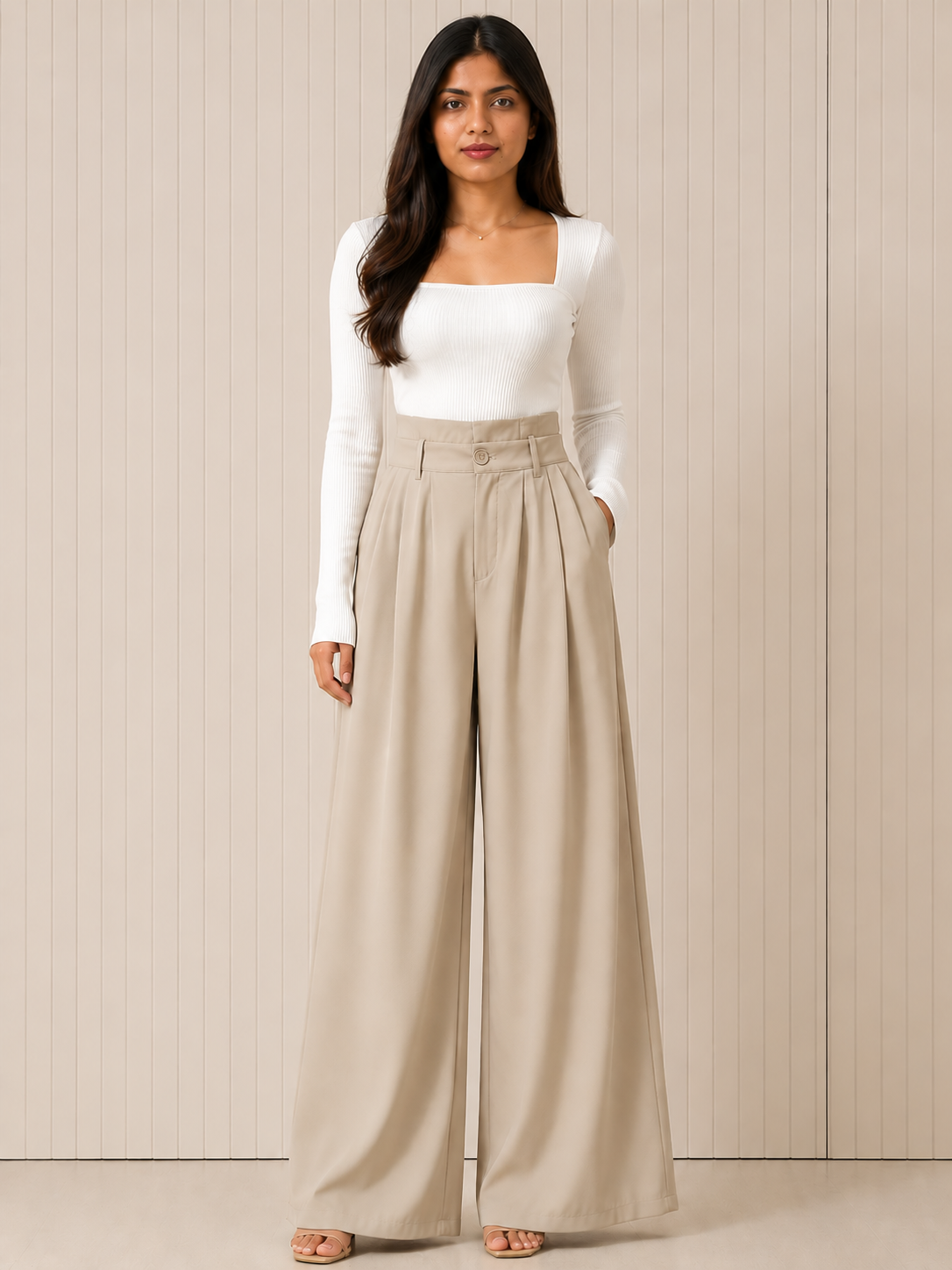 Korean Beige Fit Wide Leg Pants