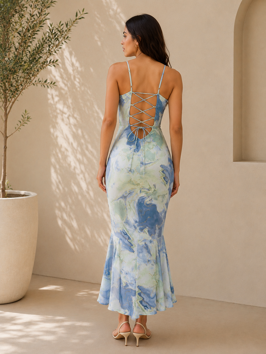 Azure Marble Print Maxi Dress