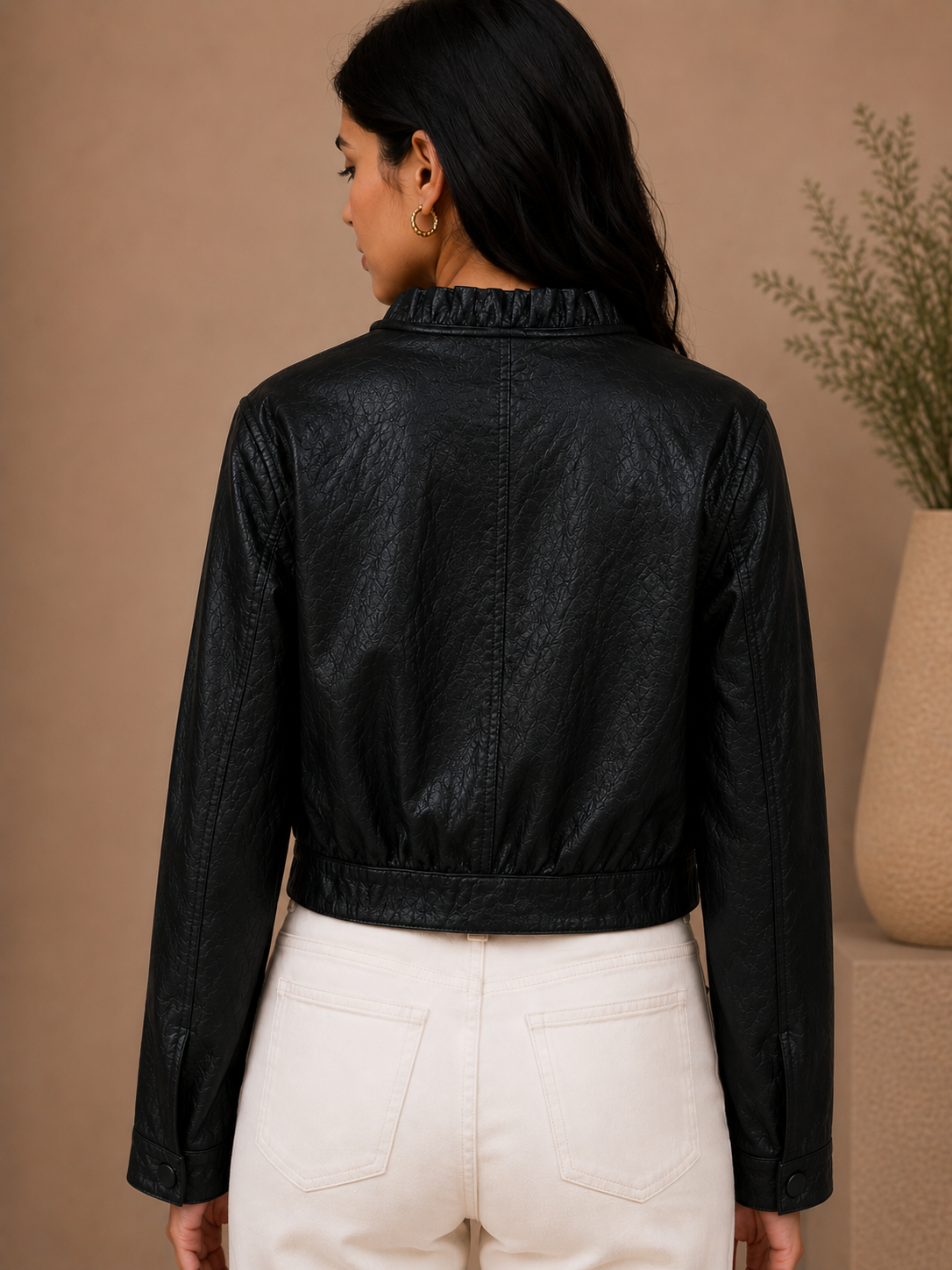 Ruffle Collar Leather Jacket