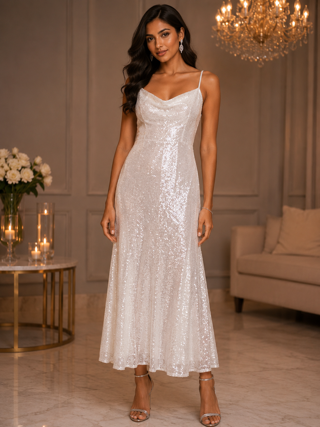 Shimmer Cowl Neck Party Gown