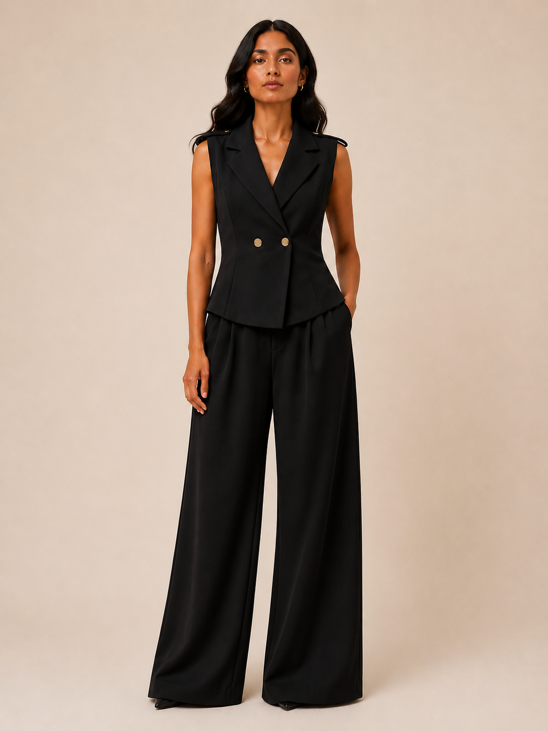 Double-Breasted Vest and Palazzo Pants Co-Ord