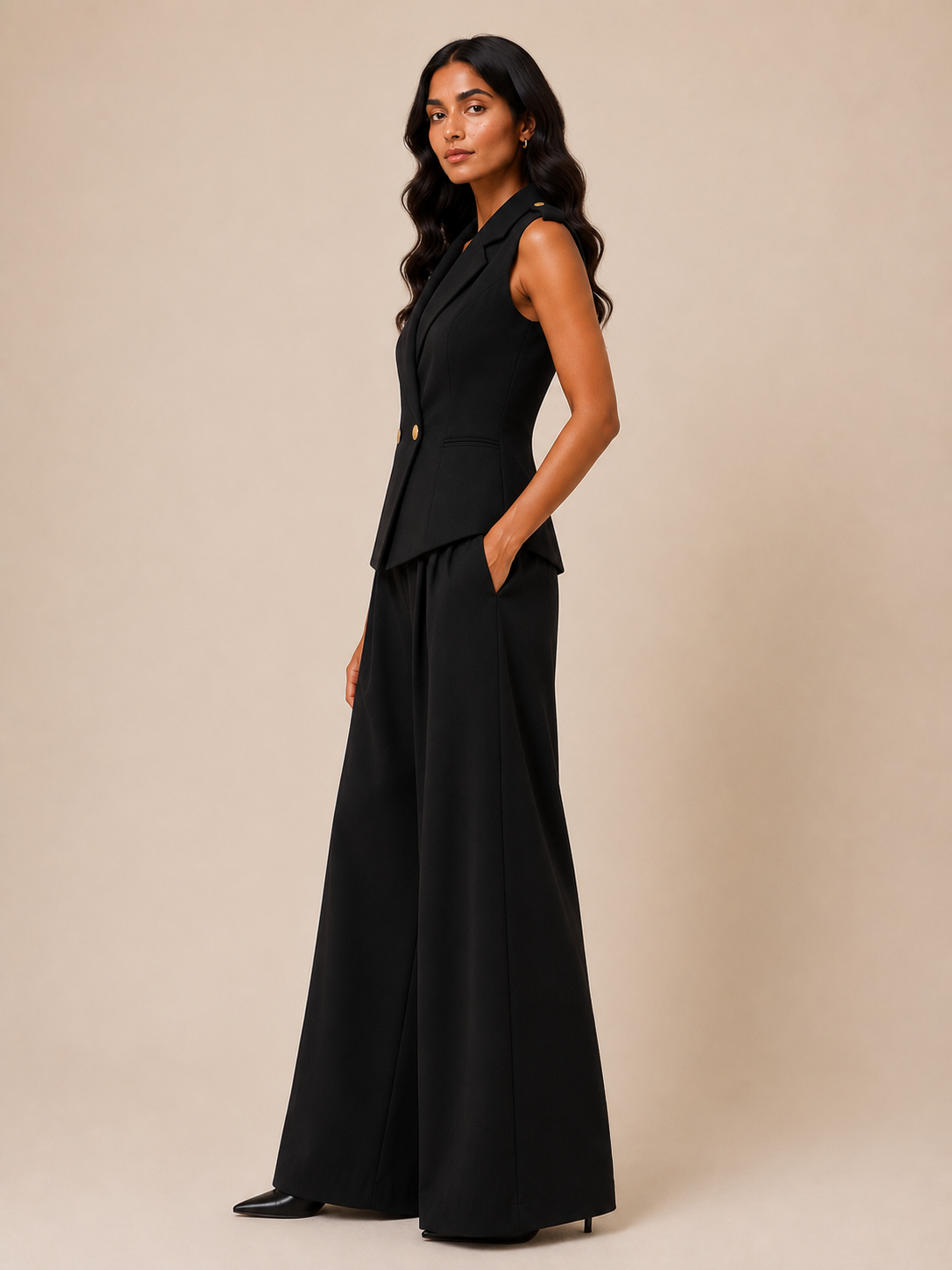 Double-Breasted Vest and Palazzo Pants Co-Ord