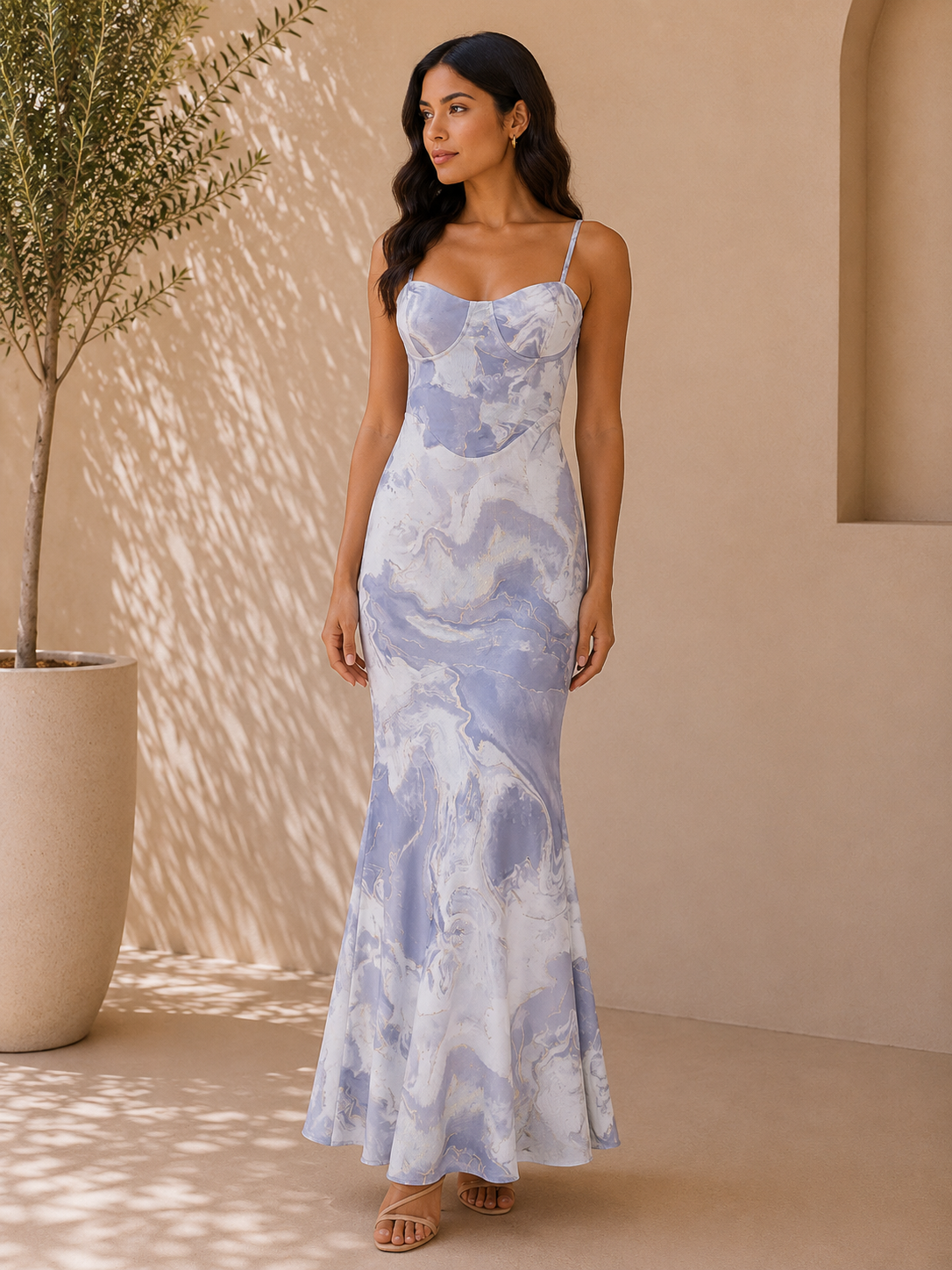 Azure Marble Print Maxi Dress