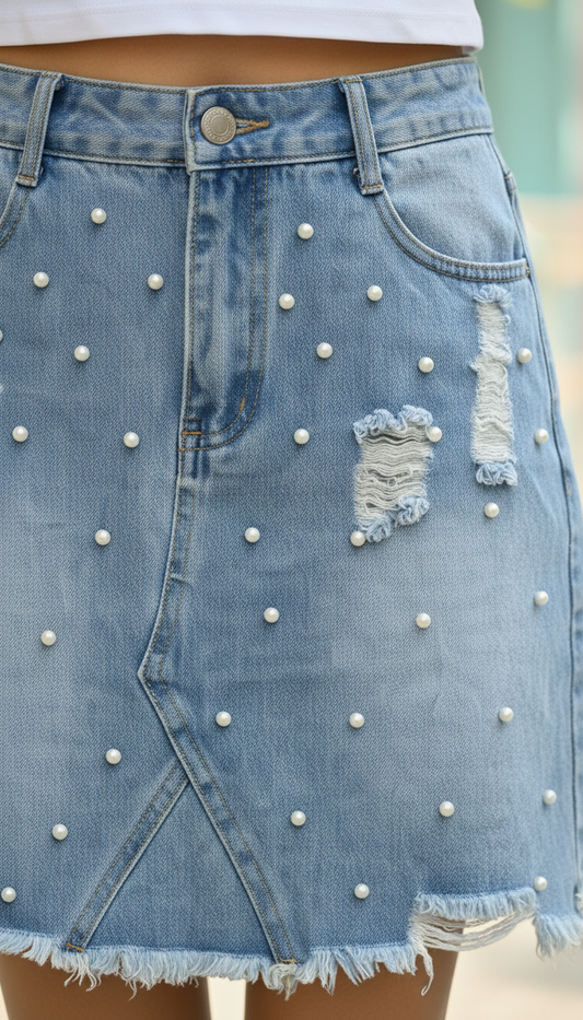 Denim Pearl Ripped Skirt